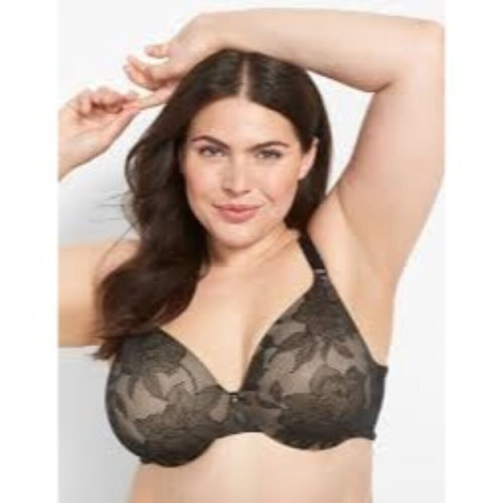 Cacique Lace Balconette Bra 38DD Lightly Lined Comfort Straps Black Floral